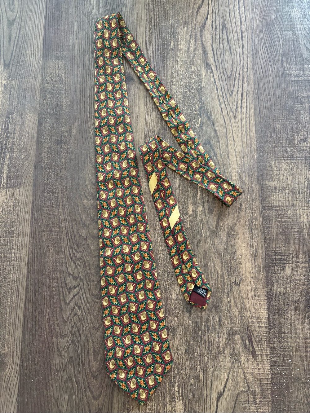 Salvatore Ferragamo Burgundy Tie with Green and Gold Bird Motif